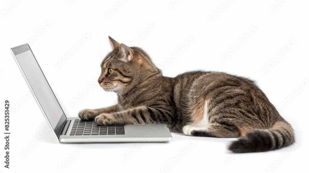 Cat using laptop on white background in studio. Cat using laptop on white background in studio.