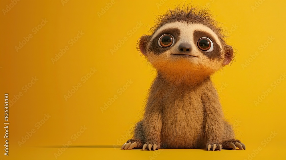 3d illustration, an adorable sloth on a yellow background, cartton style. 3d illustration, an adorable sloth on a yellow background, cartton style.