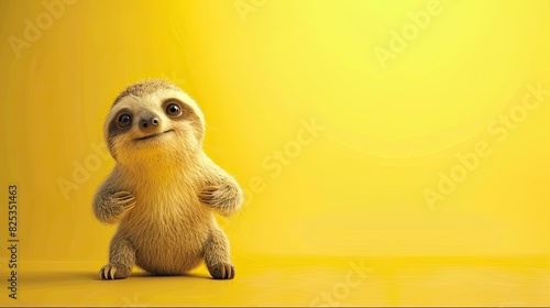 3d illustration, an adorable sloth on a yellow background, cartton style. photo