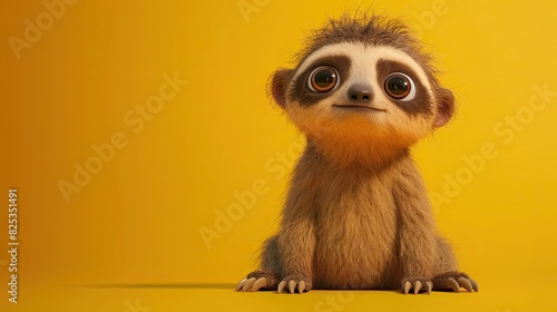 3d illustration  an adorable sloth on a yellow background  cartton style.