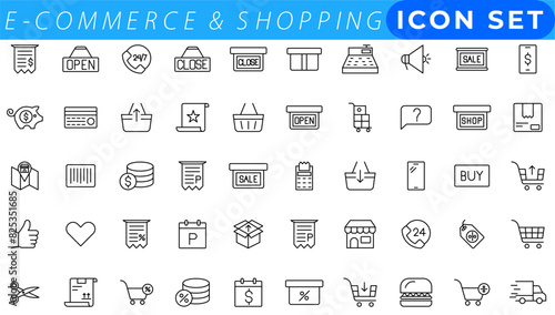E-Commerce set of web icons in line style. .Online shopping icons for web and mobile app. .Business, mobile shop, digital marketing, bank card, .gifts, sale, delivery. .Vector illustration