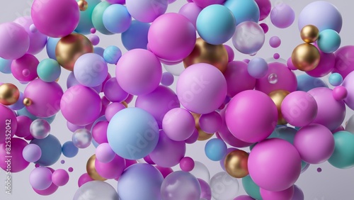 3d render, abstract geometric wallpaper. Pink blue and gold assorted balls. Chaotic multicolored particles isolated on white background