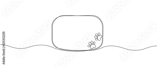 Black square frame with paw print of a dog or cat drawn in one continuous line. Single line frame with paw print. Vector editable line illustration