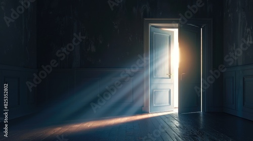 an open door with light shining through in an empty room, concept of hope and freedom, dark background, photorealistic