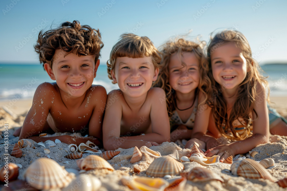 A group of happy children lying on the sand on a summer beach day. Concept of childhood, beach, and vacation. A group of happy children lying on the sand on a summer beach day. Concept of childhood, beach, and vacation.