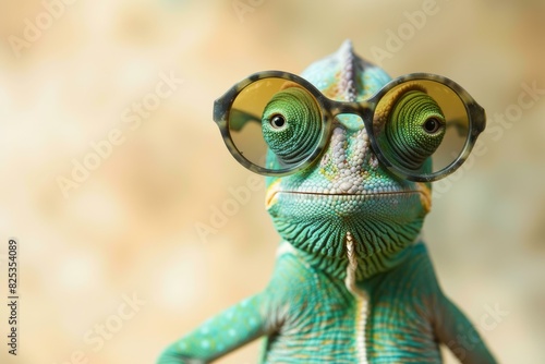 Colorful chameleon donning oversized glasses poses against a soft, bokeh backdrop © anatolir