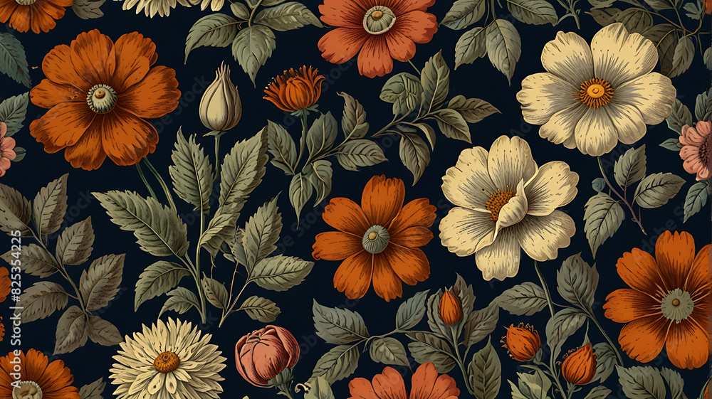 A Seamless pattern background of a collection of vintage botanical illustrations with flowers and leaves in muted vintage colors, wallpaper style
A Seamless pattern background of a collection of vintage botanical illustrations with flowers and leaves in muted vintage colors, wallpaper style
