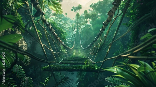 A narrow rope bridge sways over a deep jungle chasm, surrounded by thick, vibrant greenery. The background is a rich, emerald green.  photo