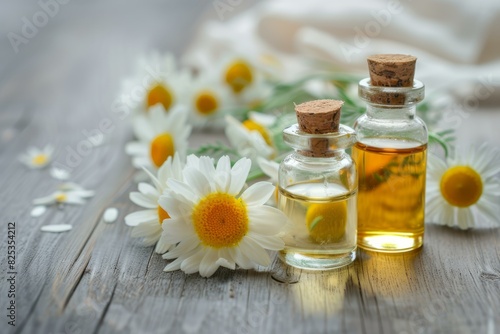 Glass bottles of chamomile oil amidst blooming daisies on a rustic wooden surface