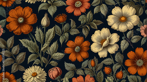 A Seamless pattern background of a collection of vintage botanical illustrations with flowers and leaves in muted vintage colors  wallpaper style 