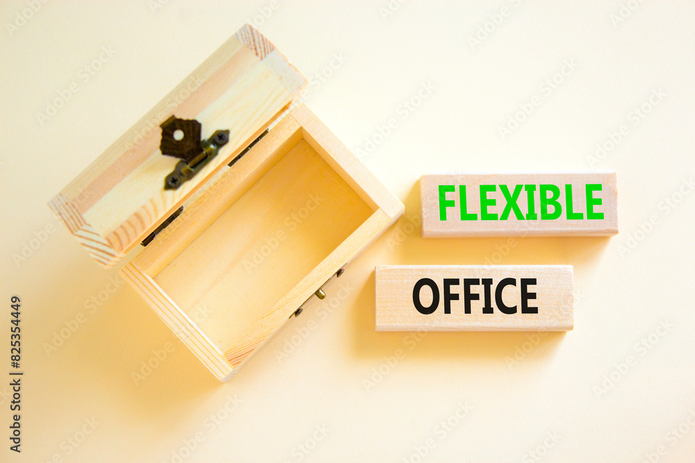 Flexible office symbol. Concept words Flexible office on beautiful wooden block. Beautiful white paper background. Empty wooden chest. Business Flexible office concept. Copy space. Flexible office symbol. Concept words Flexible office on beautiful wooden block. Beautiful white paper background. Empty wooden chest. Business Flexible office concept. Copy space.