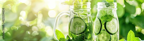 Fresh herbinfused water stand with mint and cucumber, healthy and refreshing, bright sunlight, watercolor photo