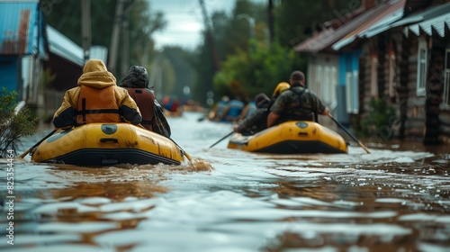 Navigating floodwaters in inflatable boats. People paddle through a residential area submerged in floodwaters using yellow inflatable boats © asayenka