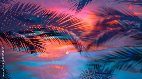 Serene Beach Sunset with Vibrant Sky Colors and Double Exposure Palm Trees Silhouette © patungkead