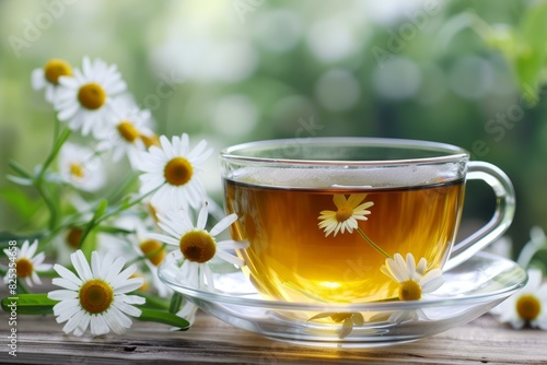 Transparent cup of warm chamomile tea surrounded by fresh daisies, symbolizing relaxation