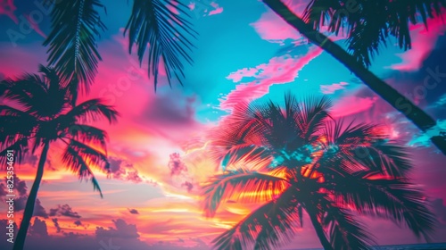 Serene Beach Sunset with Vibrant Sky Colors - Double Exposure Silhouette of Palm Trees