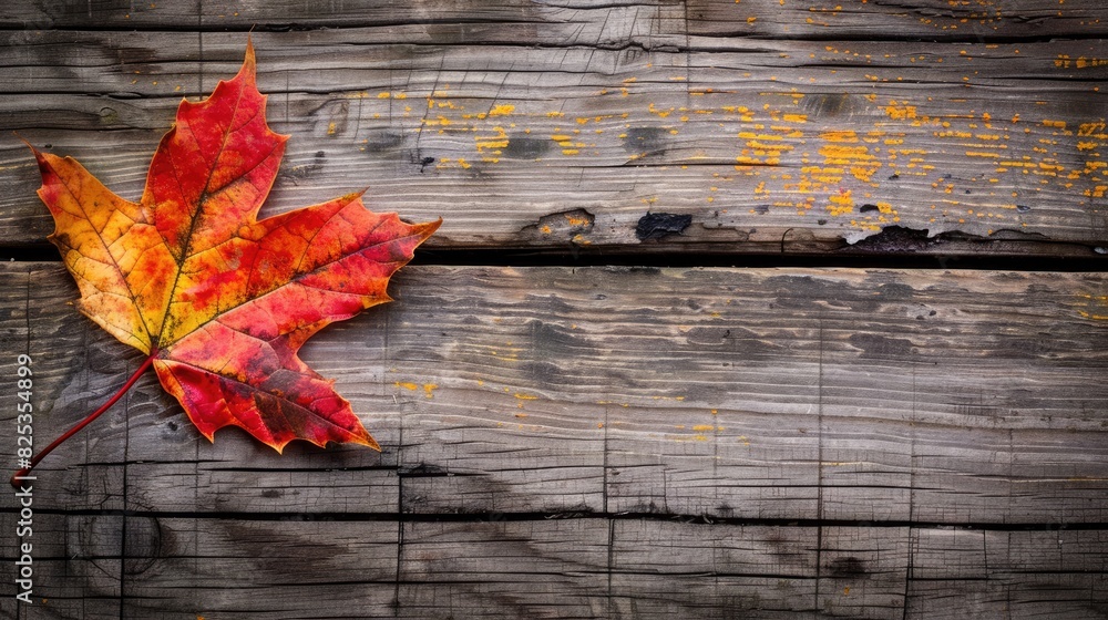 Stunning red and yellow autumn maple leaf on vintage wooden backdrop with space for text