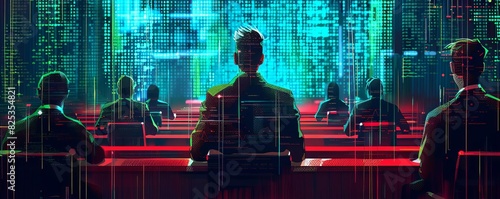 Lawyers presenting electronic discovery evidence in court, cyberpunk, digital painting, dark tones