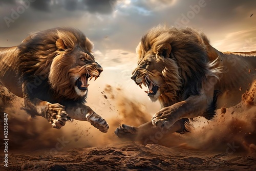 Two powerful lions engaged in a fierce roar off, symbolizing the raw energy of nature. © antusher