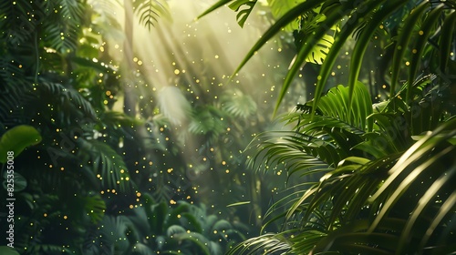 A lush tropical rainforest  teeming with wildlife and a defocused background of dancing particles -