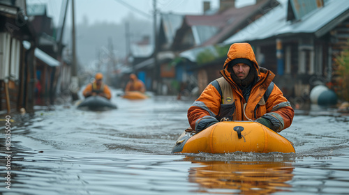 Navigating floodwaters in a residential area. People in protective gear paddle through deep floodwaters on inflatable boats along a submerged street lined with wooden houses photo