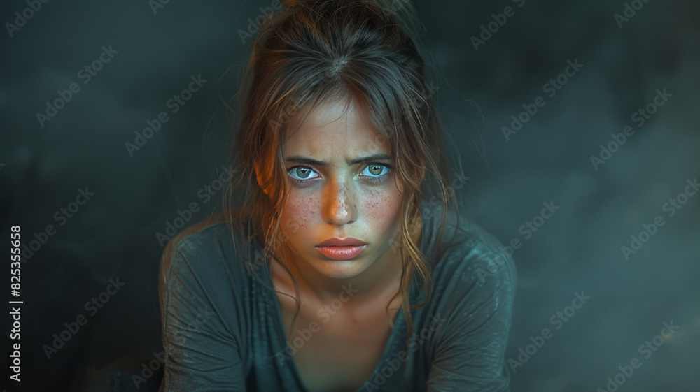 a girl hesitating that her boyfriend does something stupid, angry expression, dark room, fog,generative ai a girl hesitating that her boyfriend does something stupid, angry expression, dark room, fog,generative ai
