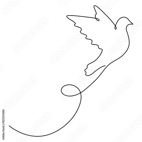 Flying bird continuous line art drawn. Dove with curve line. Vector illustration isolated on white.	