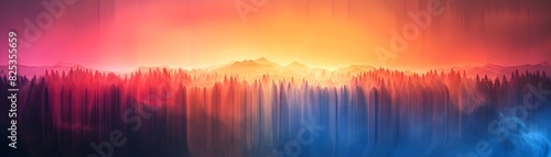 Vivid landscape with gradient sky over silhouetted mountains and forest, evoking a serene, mystical atmosphere. Abstract background.