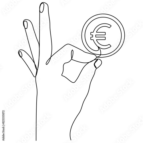 Euro coin in hand continuous line drawn. Pay symbol. Charity donation concept. Vector illustration isolated on white.