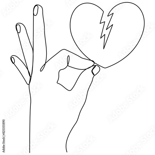 Hand holding broken heart continuous one line drawing. Love concept. Vector illustration isolated on white.