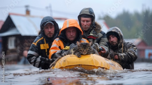 Rescue team evacuating cat on boat during flood. A cat sits at the prow of a yellow rescue boat manned by a team in safety gear amidst floodwaters photo