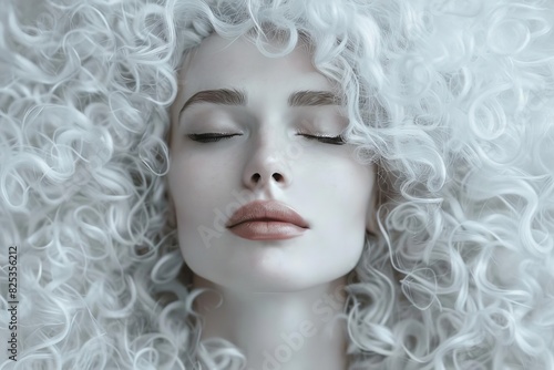 serene woman immersed in soft white curly hair eyes closed monochromatic fine art portrait