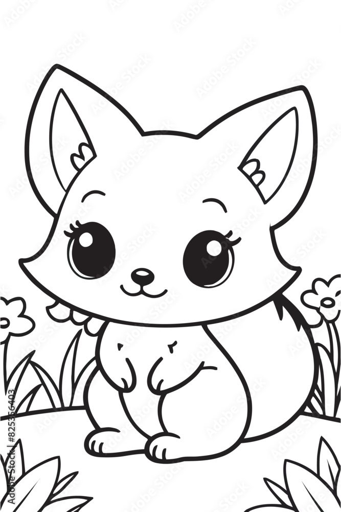 Chibi Kawaii style of a Sweet little fox in garden, coloring page, Cute background Chibi Kawaii style of a Sweet little fox in garden, coloring page, Cute background