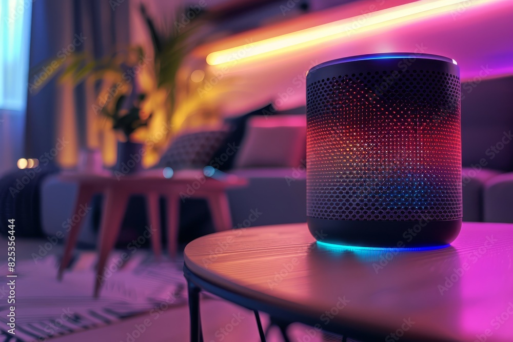 Closeup of a smart speaker processing voice commands in a living room, emphasizing convenience and technology, Scifi tone, Tetradic color scheme Closeup of a smart speaker processing voice commands in a living room, emphasizing convenience and technology, Scifi tone, Tetradic color scheme