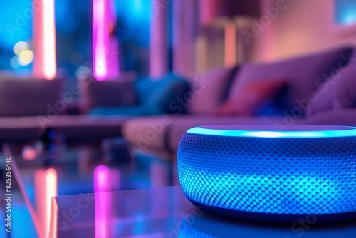 Closeup of a smart speaker processing voice commands in a living room, emphasizing convenience and technology, Scifi tone, Tetradic color scheme photo