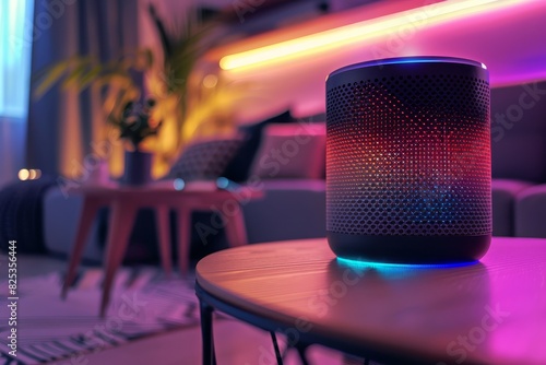 Closeup of a smart speaker processing voice commands in a living room, emphasizing convenience and technology, Scifi tone, Tetradic color scheme photo