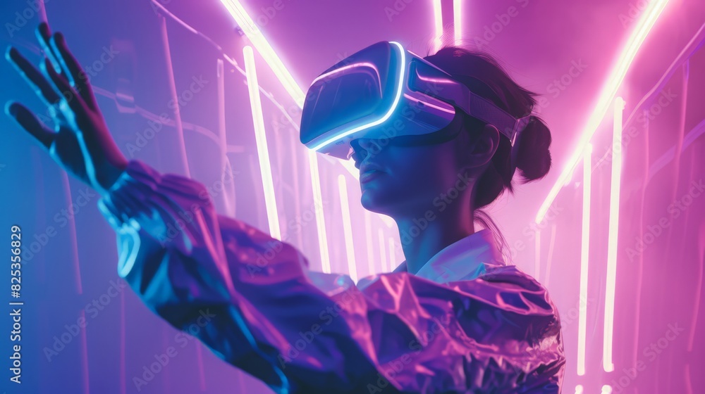 A smart female, bathed in neon light, stands confidently with a VR headset, connecting to the metaverse. Her hand holds a glowing virtual object A smart female, bathed in neon light, stands confidently with a VR headset, connecting to the metaverse. Her hand holds a glowing virtual object