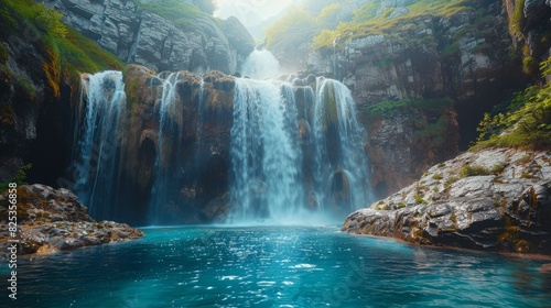 natural water feature, stunning waterfall flowing over rocks into peaceful pool, creating beautiful scenery of natures wonder