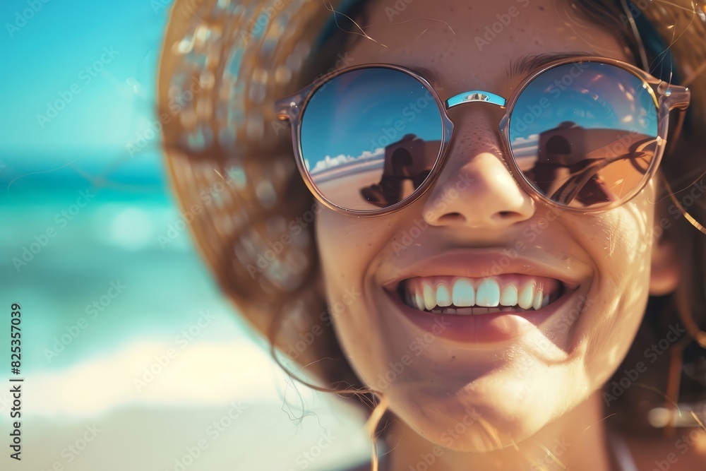 Closeup of a person smiling with sunglasses and hat, summer joy, photorealistic, Composite, sunny beach backdrop Closeup of a person smiling with sunglasses and hat, summer joy, photorealistic, Composite, sunny beach backdrop