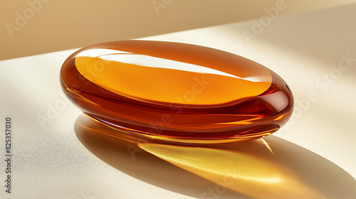 Sleek, amber-colored glass object with smooth curves, reflecting light beautifully on a soft, neutral background. photo