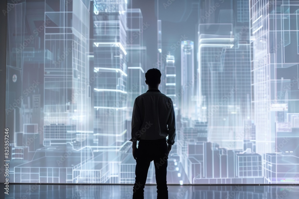 Man standing before futuristic holographic city projection Man standing before futuristic holographic city projection