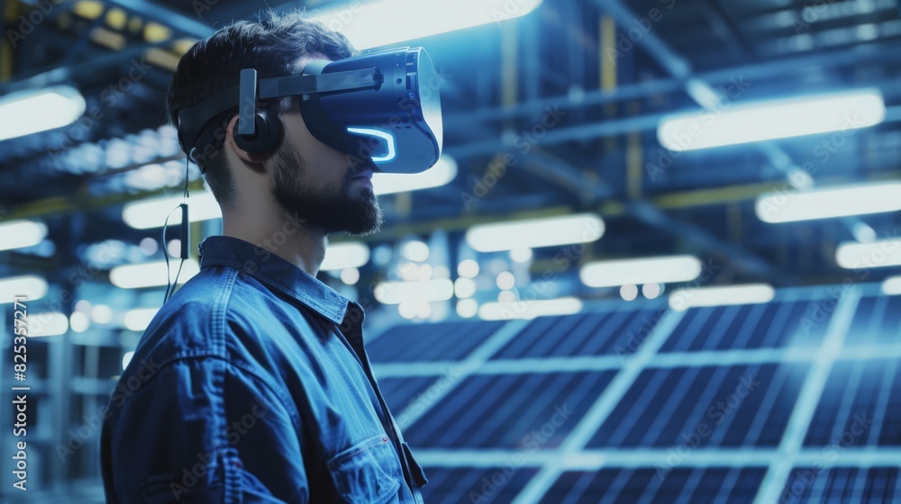 engineers use virtual reality simulators to develop and refine solar panel systems. The scene highlights the futuristic approach to renewable energy engineering