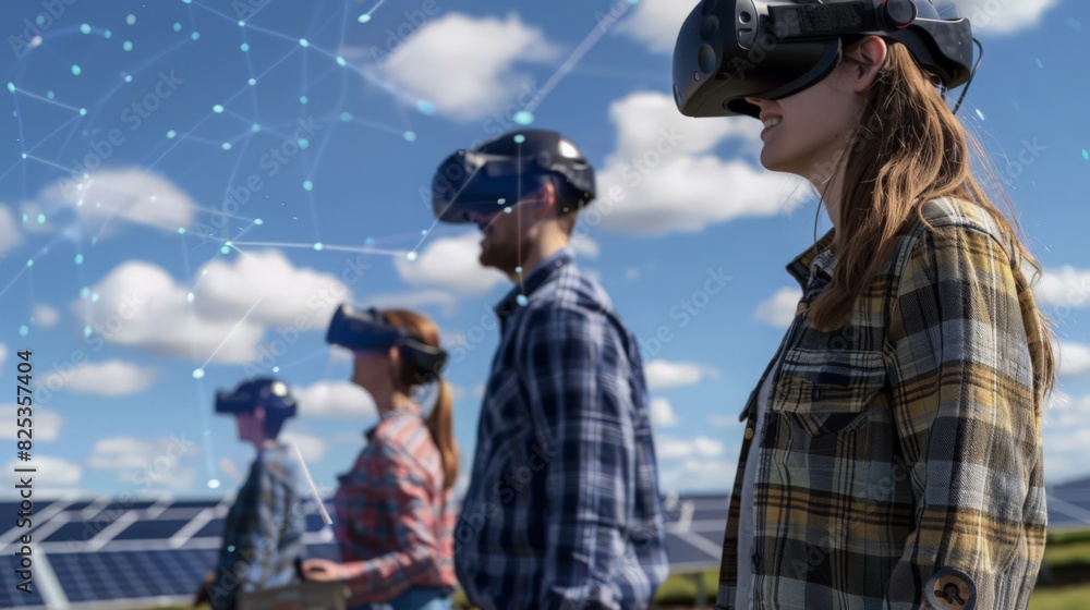 Obraz premium Wearing virtual reality simulators, a team of engineers engages in a solar panels project, emphasizing the role of VR technology in advancing the field of sustainable energy.