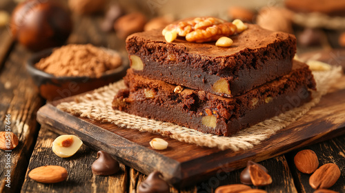 Two fudgy brownies topped with nuts, placed on a rustic wooden surface with scattered almonds and chocolate chips, creating a delicious and inviting dessert scene. photo