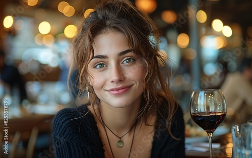 Experience the charm of cinematic portrait photography with this stunning image of a joyful woman holding a glass of red wine, gazing straight ahead