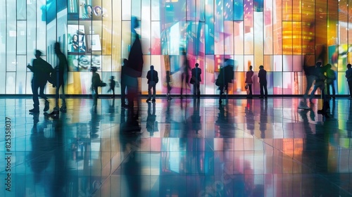 Business people in an exhibition hall, many images of video content floating on the wall. A wide view with blurred figures and colorful background walls. High resolution photography. High quality