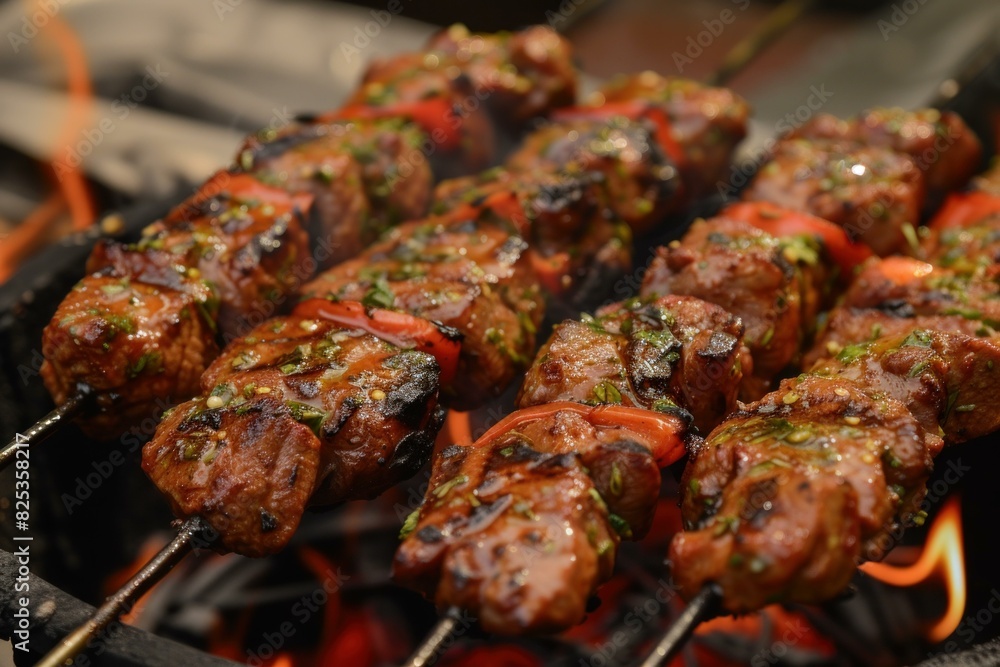 Juicy beef skewers with herbs and vegetables cooking on a flaming grill