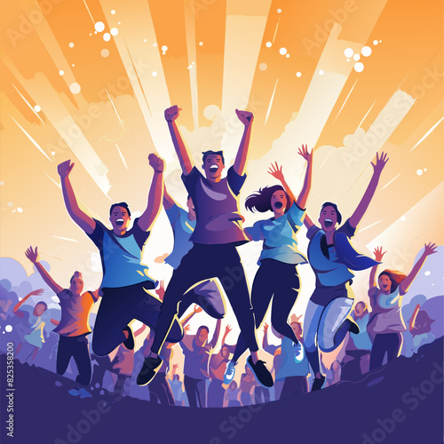 Fans celebrate sport victory. Happy friends raised their hands and shouted goal. Concept of victory, luck and achievement. Illustration