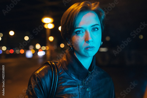 Intense gaze of woman on nocturnal city street photo