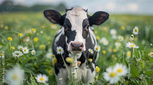 A black and white cow is standing in a field of yellow flowers